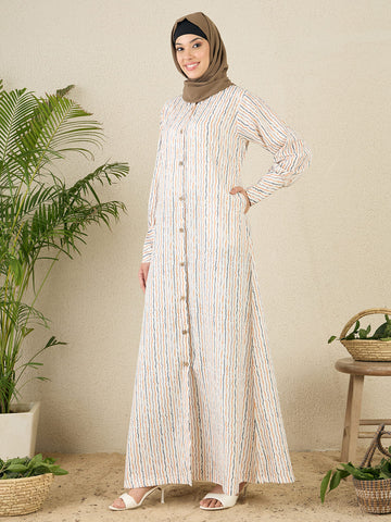 Striped Printed Front Open Abaya with Black Georgette Scarf