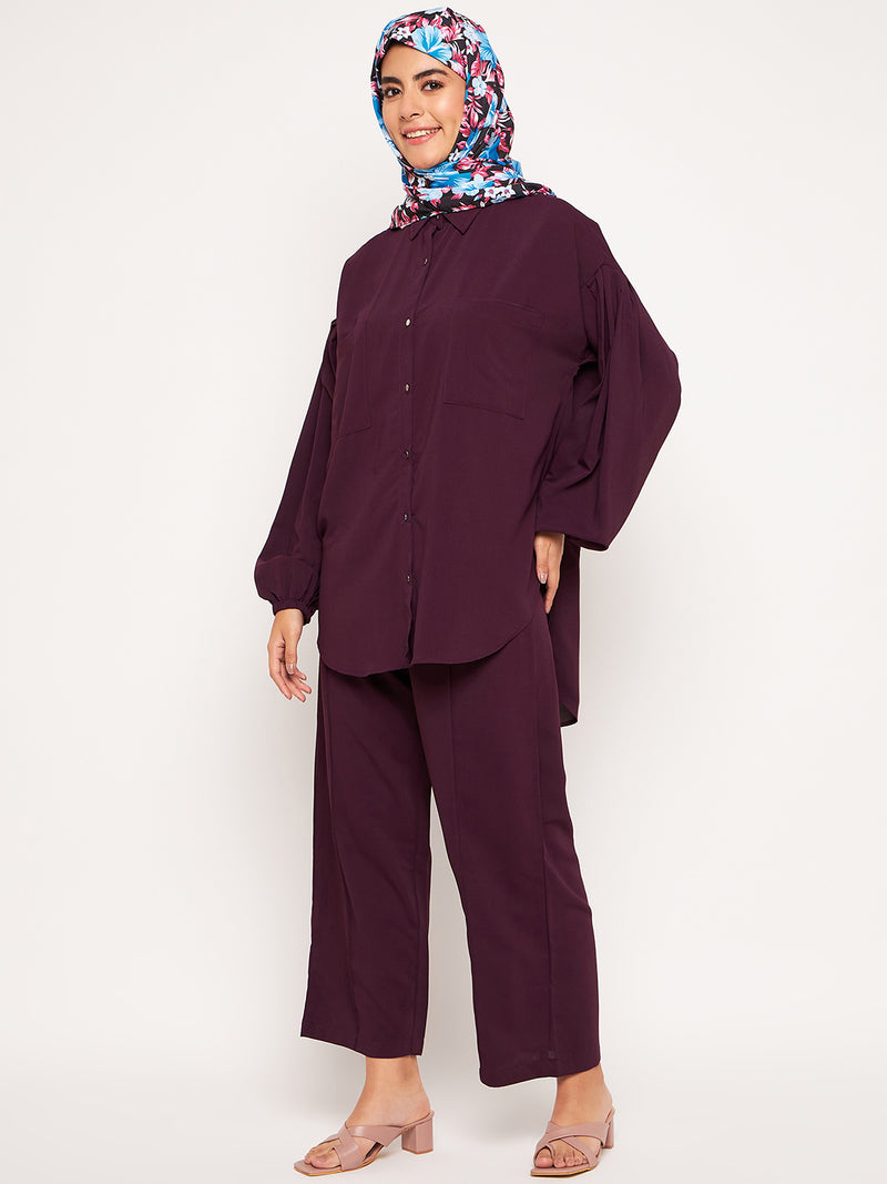Nabia Purple Solid Puffed Sleeves Co-ord Set for Women