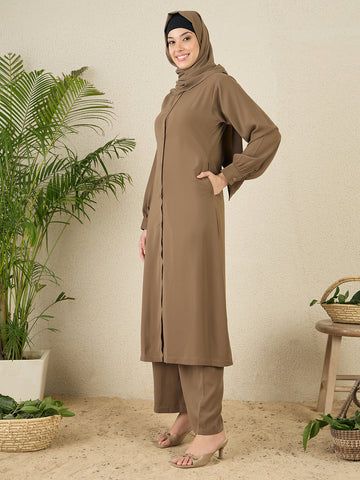 Nabia Oat (Khaki) Solid Co-ord Set for Women