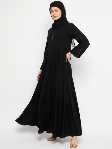 Nabia Zip-Closure Mandarin Collar Black Abaya Burqa With Black Scarf