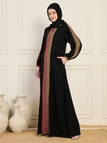 Nabia Black Three Color Design Abaya  With Georgette Hijab