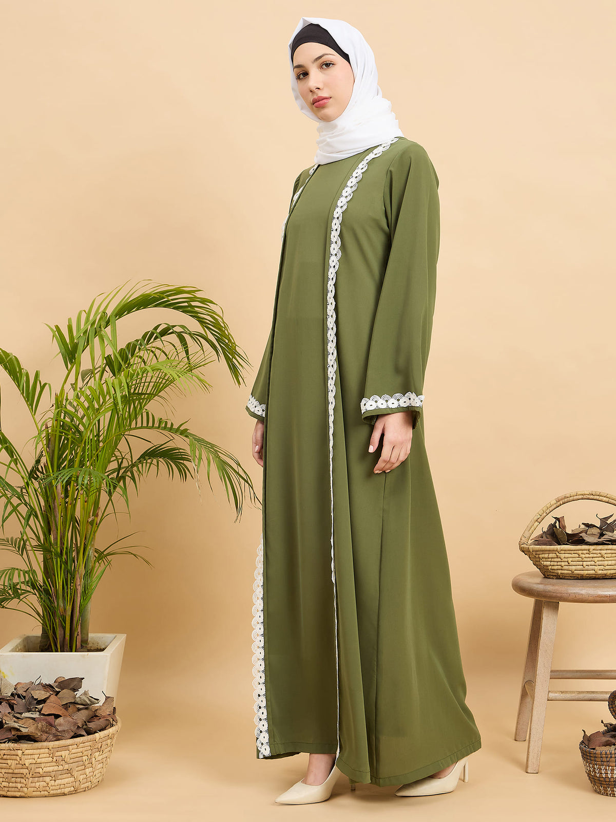 Modest Lace Abaya Burqa with White Georgette Hijab for Women