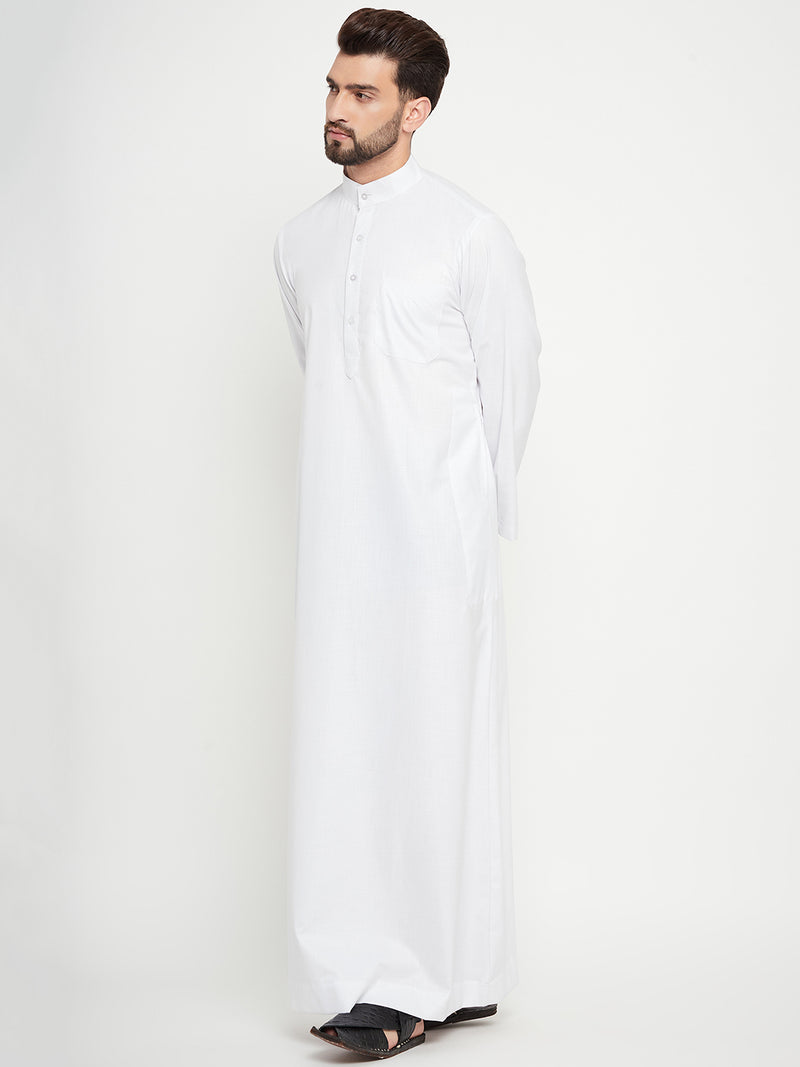 Nabia White Solid Mandarin Collar Thobe / Jubba  With Plain Design For Men.