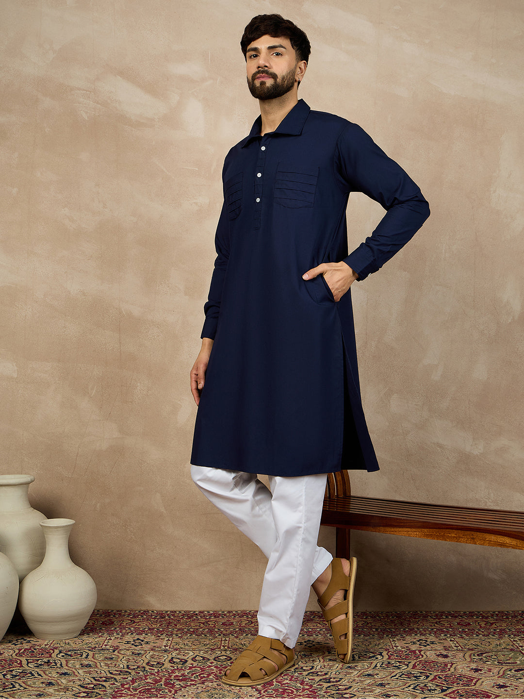 Nabia Blue Cotton Kurta and White Pajama Set for Men