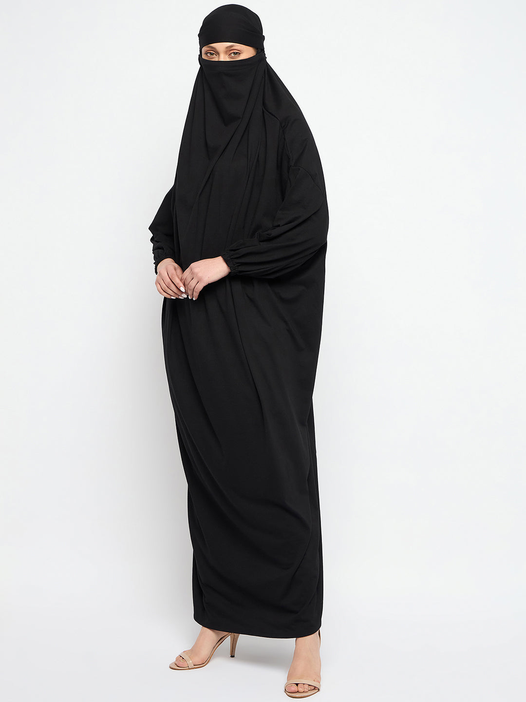 Nabia Black Free Size Adjustable Nosepiece Cotton Fabric Jilbab Abaya for Girls and Women