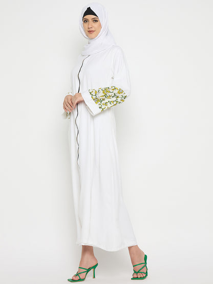 White Rayon Front Zip Closure Abaya Burqa with Black Hijab