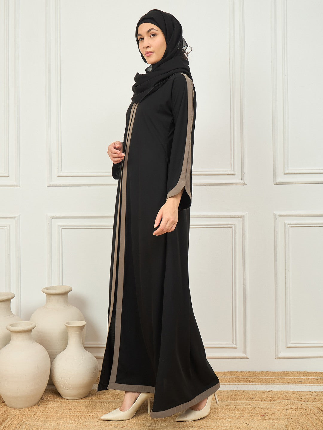 Nabia Black and Grey Aline Abaya with Black Georgette Hijab