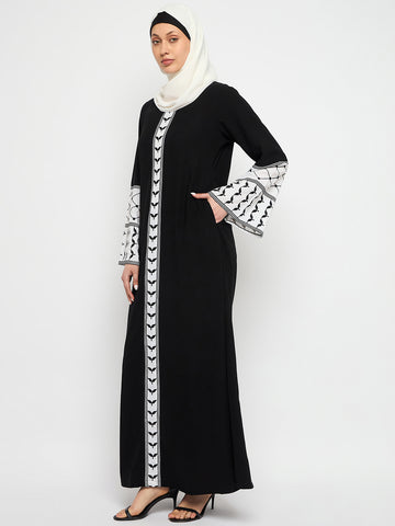 Nabia Kefiyyeh Embroidery Black and White Abaya Burqa With Black Scarf