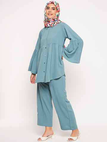 Nabia Sea Green Solid Umbrella Sleeves Co-ord Set for Women