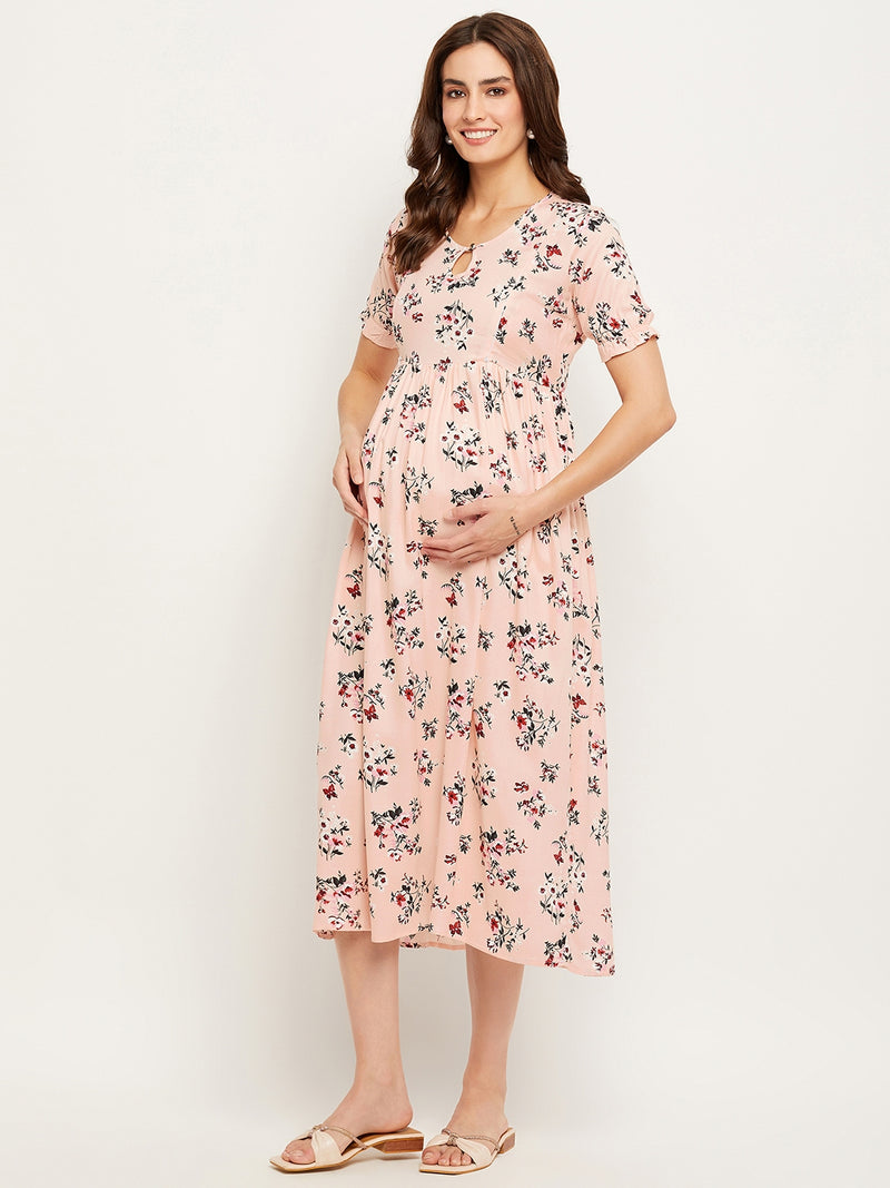 Nabia Women Pink Floral Printed Pre and Post Pregnancy / Maternity Dresses