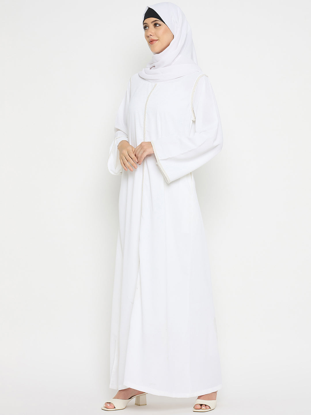 White Embroidery Abaya with Black Hijab