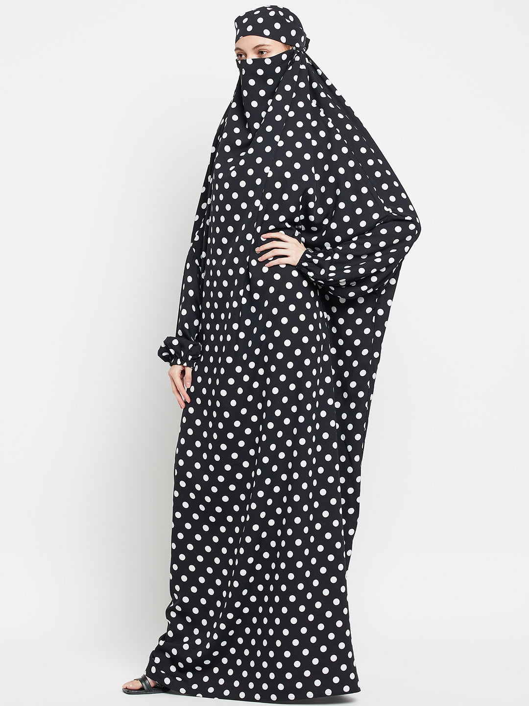 Black and White Polka Dot Free Size Jilbab Abaya for Girls and Women