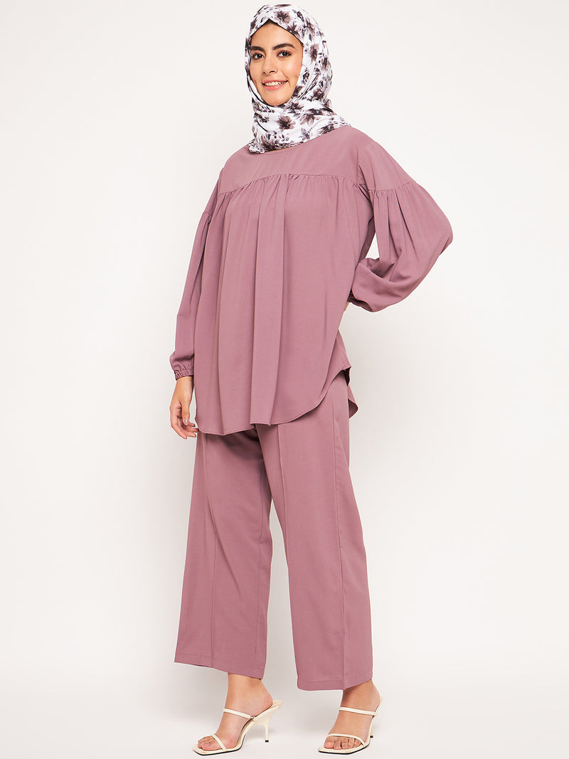 Nabia Pink Solid Elasticated Sleeves Co-ord Set for Women