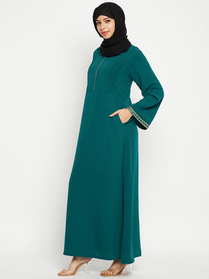 Nabia Embroidery Green Abaya with Black Scarf