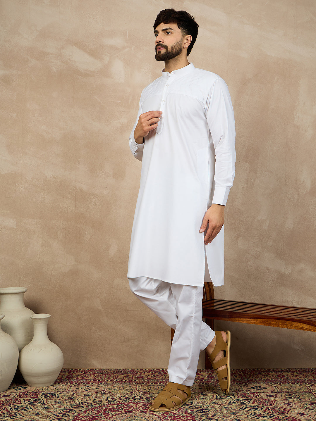 Nabia White Cotton Kurta and Pajama Set for Men