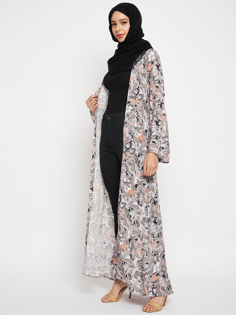 Nabia Women Multicolor Printed Front Open Shrug Abaya with Black Scarf