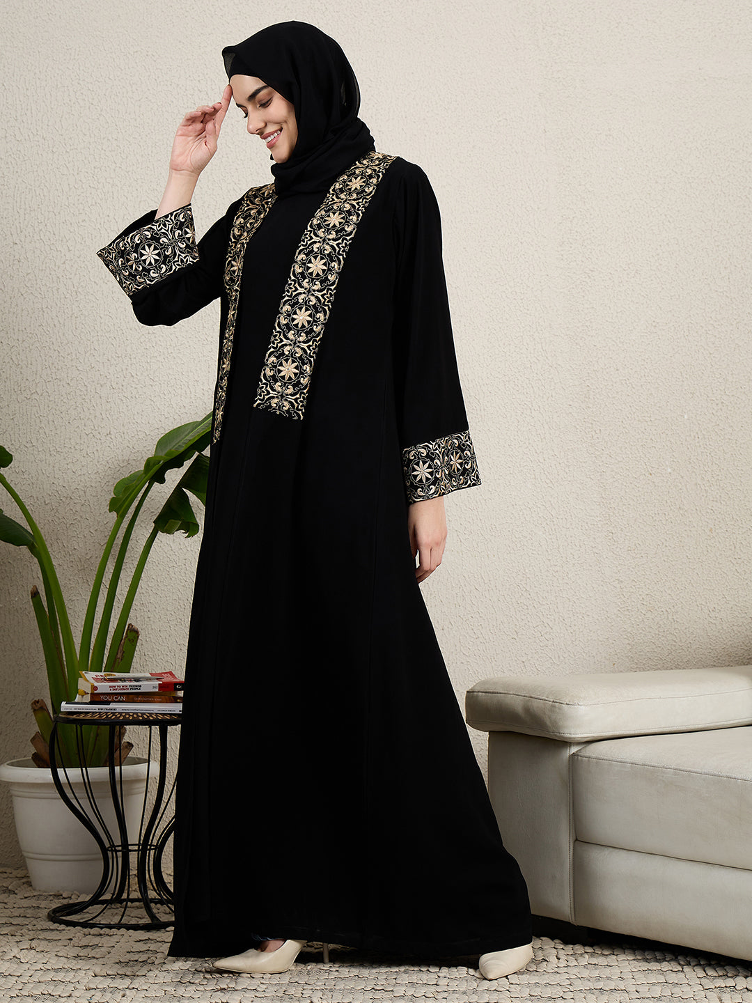 2 Piece Embroidered Black Shrug Set Abaya with Black Hijab