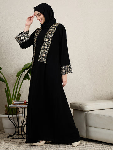 2 Piece Embroidered Black Shrug Set Abaya with Black Hijab