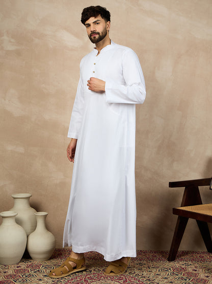 Nabia White Solid Cotton Thobe/Jubba For Men