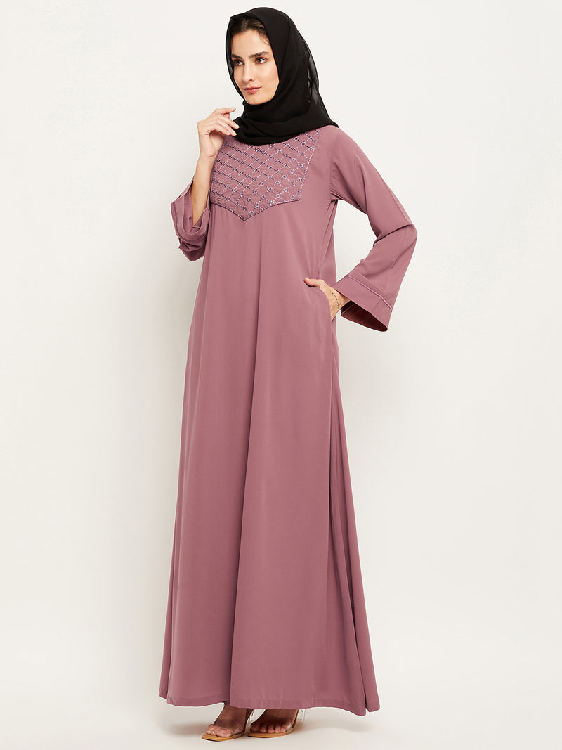 Nabia Women Solid Puse Pink Abaya Burqa With Georgette Scarf