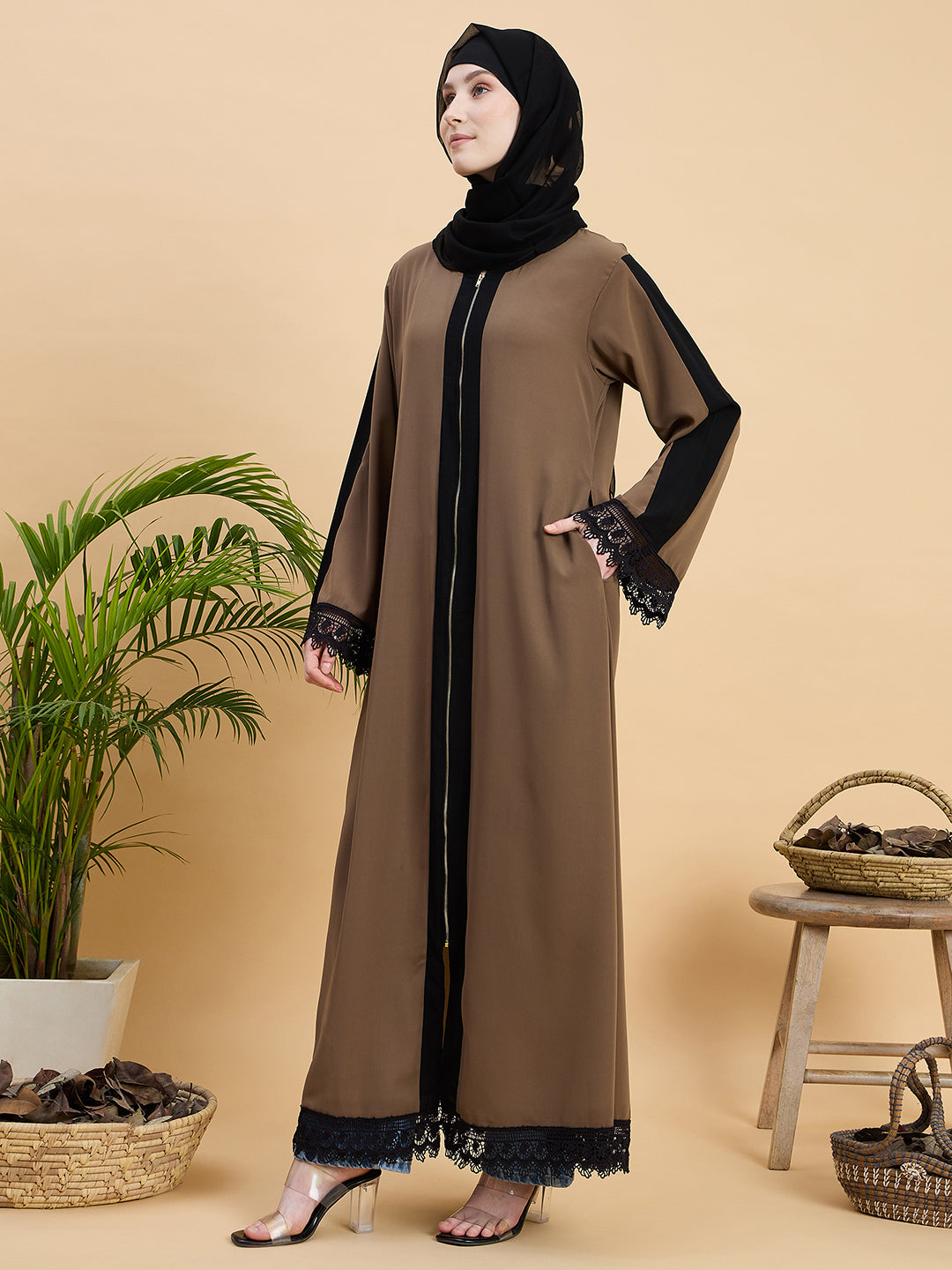 Front Open Zip Abaya Burqa with Black Georgette Hijab