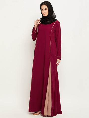 Nabia Women Solid Maroon and Beige Abaya Burqa With Georgette Scarf
