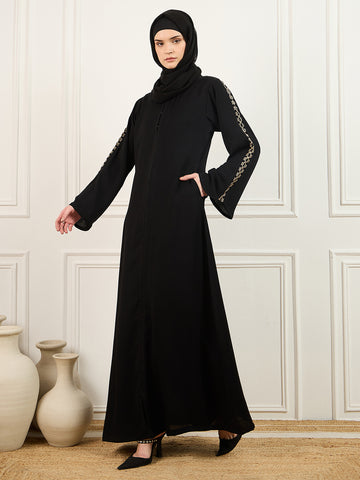 Nabia Embroidery Detailing Abaya Burqa in Black With Matching Georgette Hijab