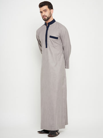 Nabia Grey Solid Band Collar Thobe / Jubba For Men with Blue Piping Design