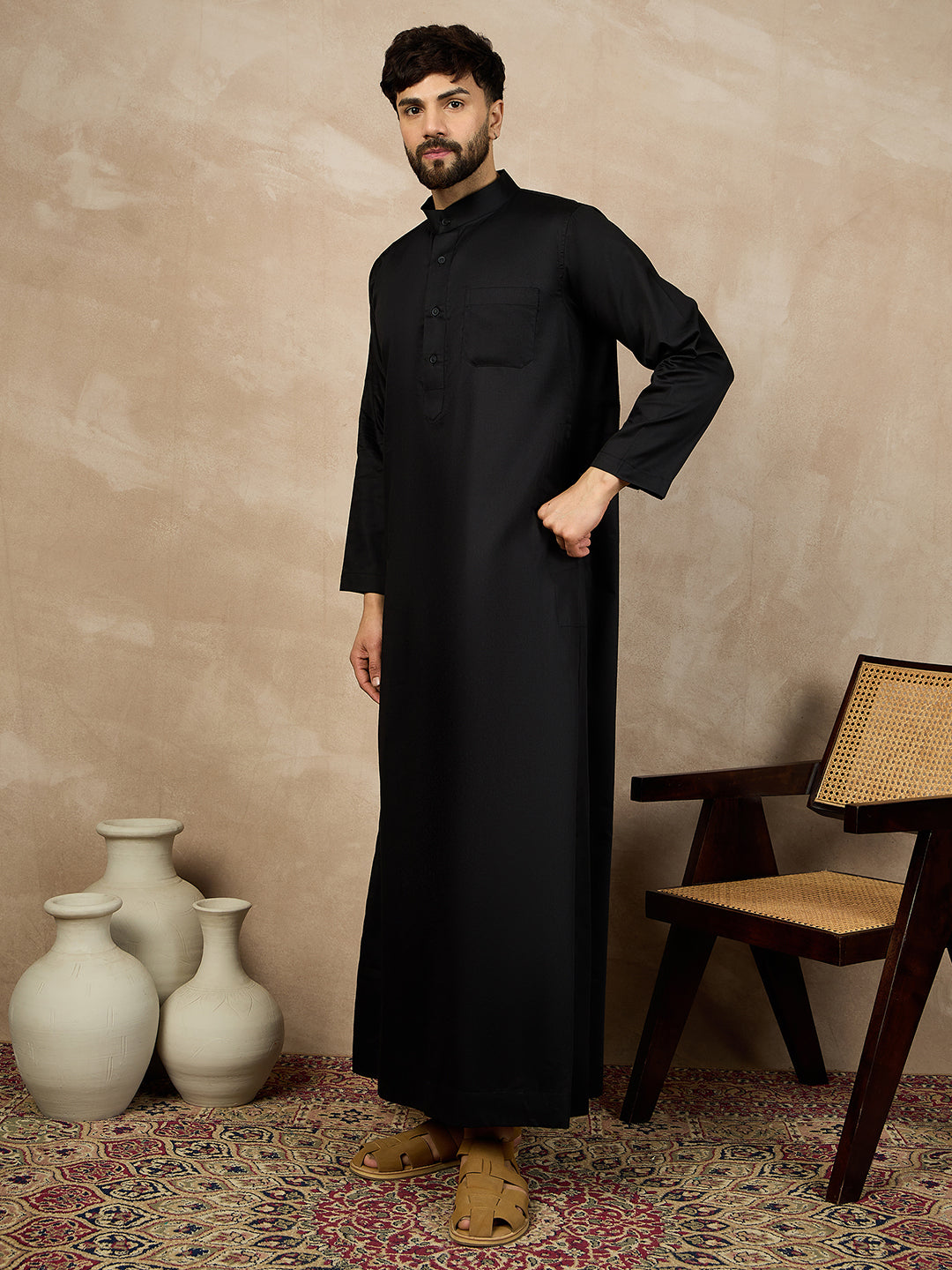 Nabia Black Mandarin Collar Cotton Jubba/Thobe