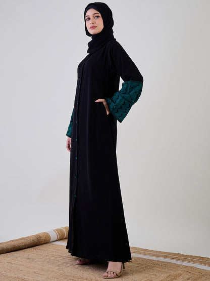 Nabia Kefiyyeh Embroidery Black Front Open Abaya with Black Georgette Hijab