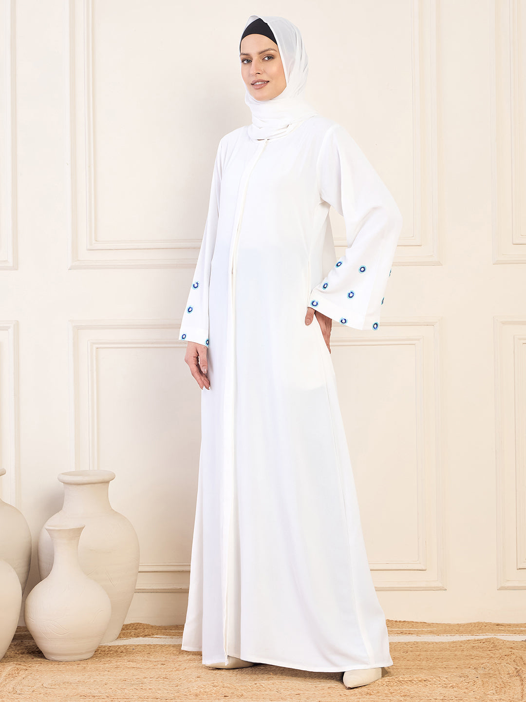 Nabia White Handwork Front Open Abaya with Matching Hijab