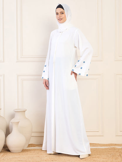 Nabia White Handwork Front Open Abaya with Matching Hijab
