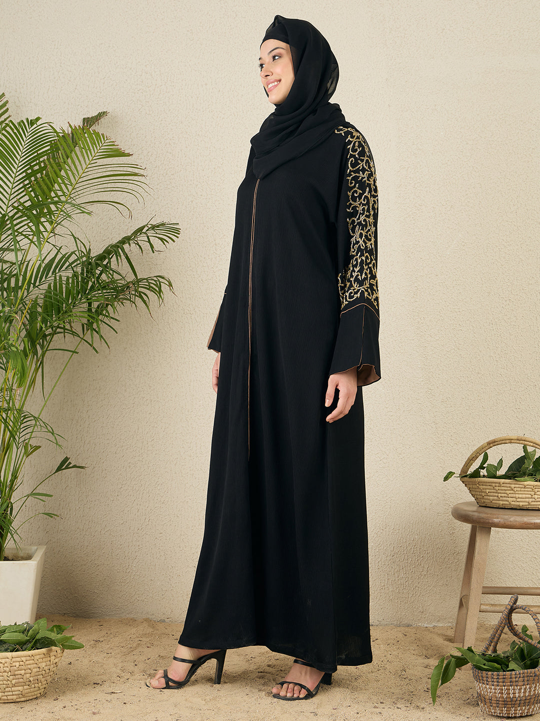 Front Open Black Embroidered Abaya with black hijab
