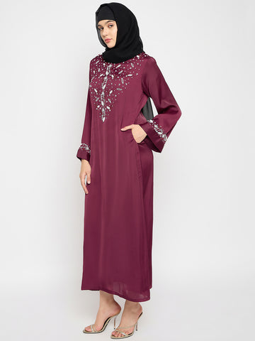 Hand Work Detailing Maroon Solid Luxury Abaya Burqa For Women With Black Georgette Hijab