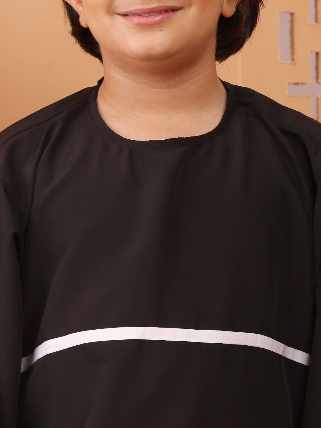 Nabia Black Boy's Thobe/Jubba with White Piping Detailing