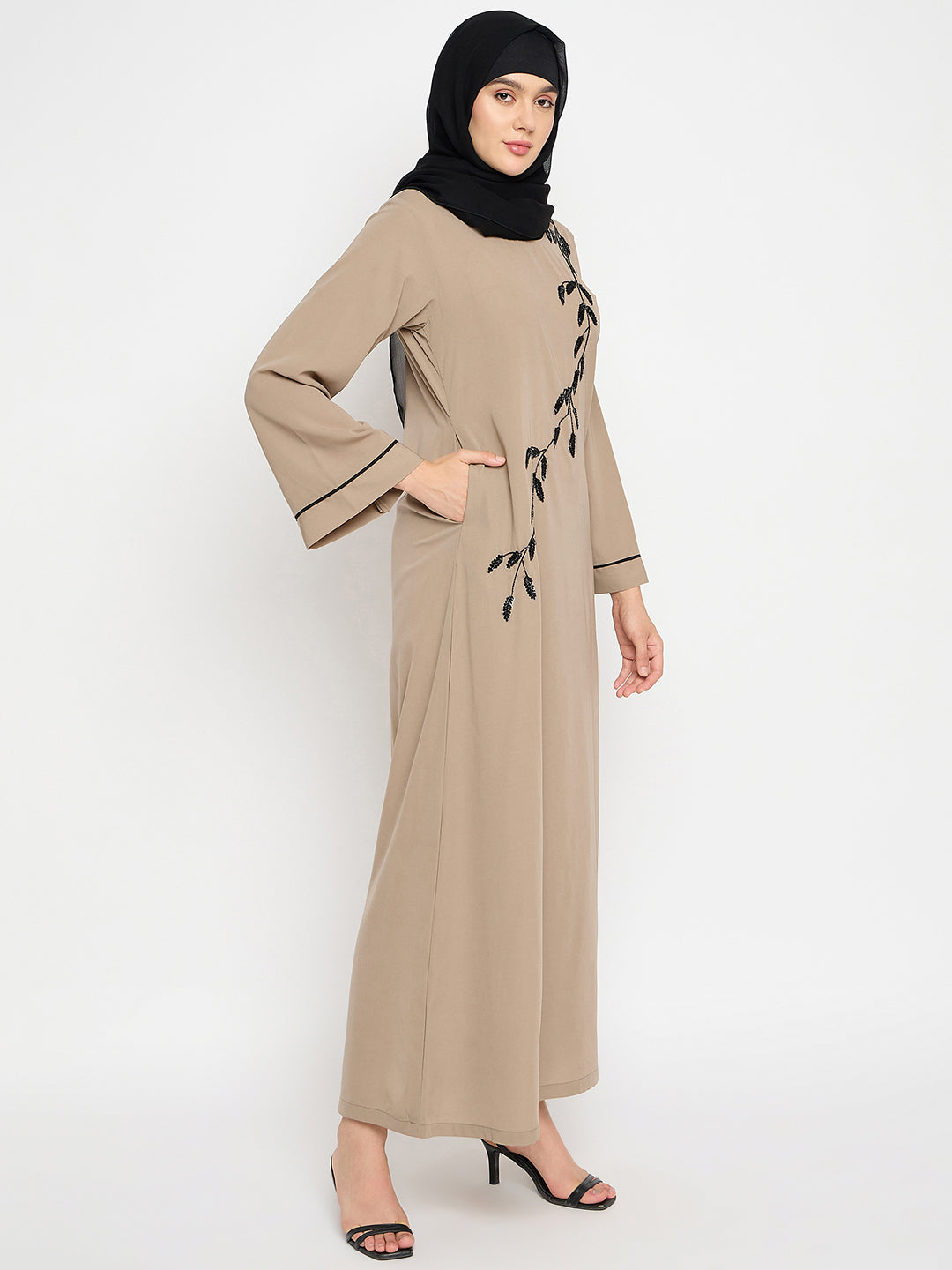 Nabia Beige Luxury Abaya with Hand Work Detailing