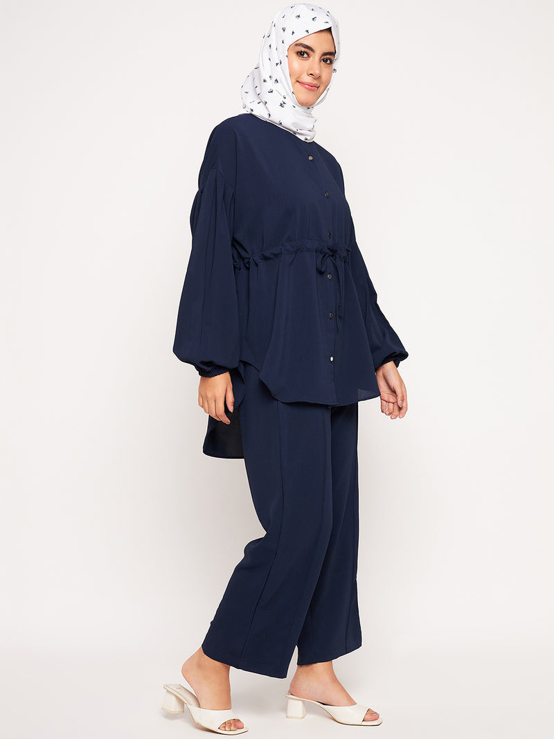 Nabia Blue Solid Elasticated Sleeves Co-ord Set for Women
