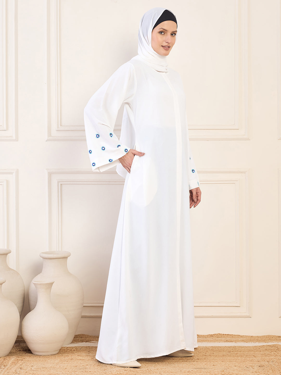 Nabia White Solid Hand Work Detailing Luxury Front Open Abaya Burqa For Women With Matching Hijab