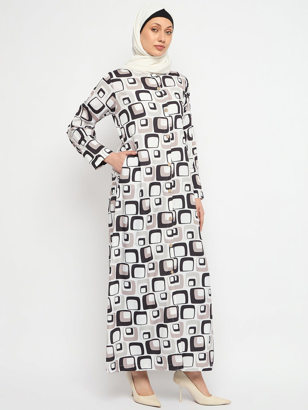 Nabia Women Multi-Colored Printed Front Open Abaya Burqa With Black Georgette Scarf