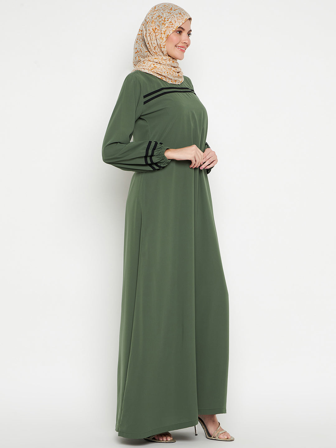 Nabia Women Jade Green Solid Aline Abaya Burqa with Black Georgette Scarf