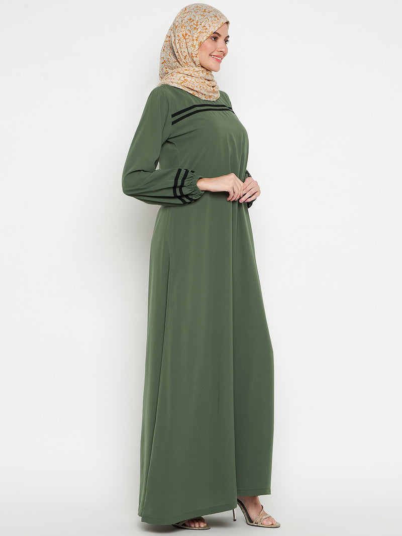 Nabia Women Jade Green Solid Aline Abaya Burqa with Black Georgette Scarf