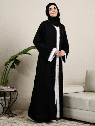 Black Front Open Embroidered Abaya for women with hijab