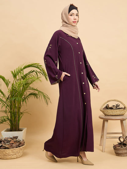 Modest Luxury Front Open Purple Abaya with Beige Hijab for Women