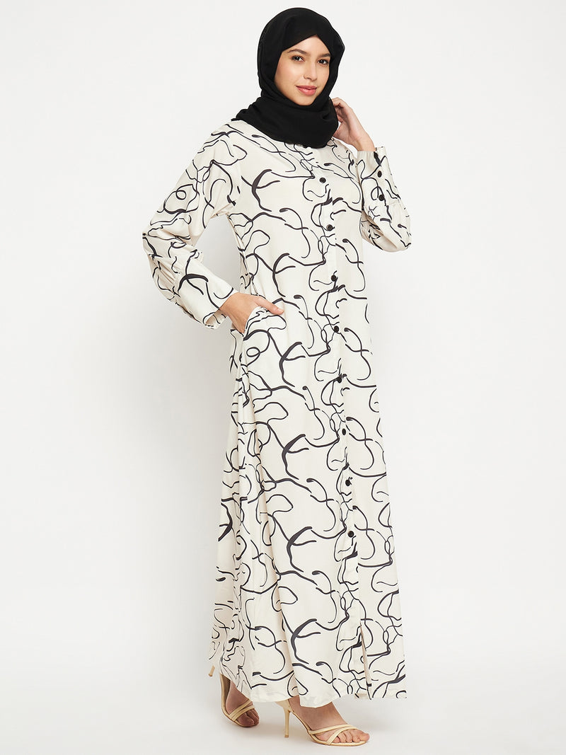 Nabia Women White Front Open printed Crepe Fabric Abaya Burqa With Georgette Scarf