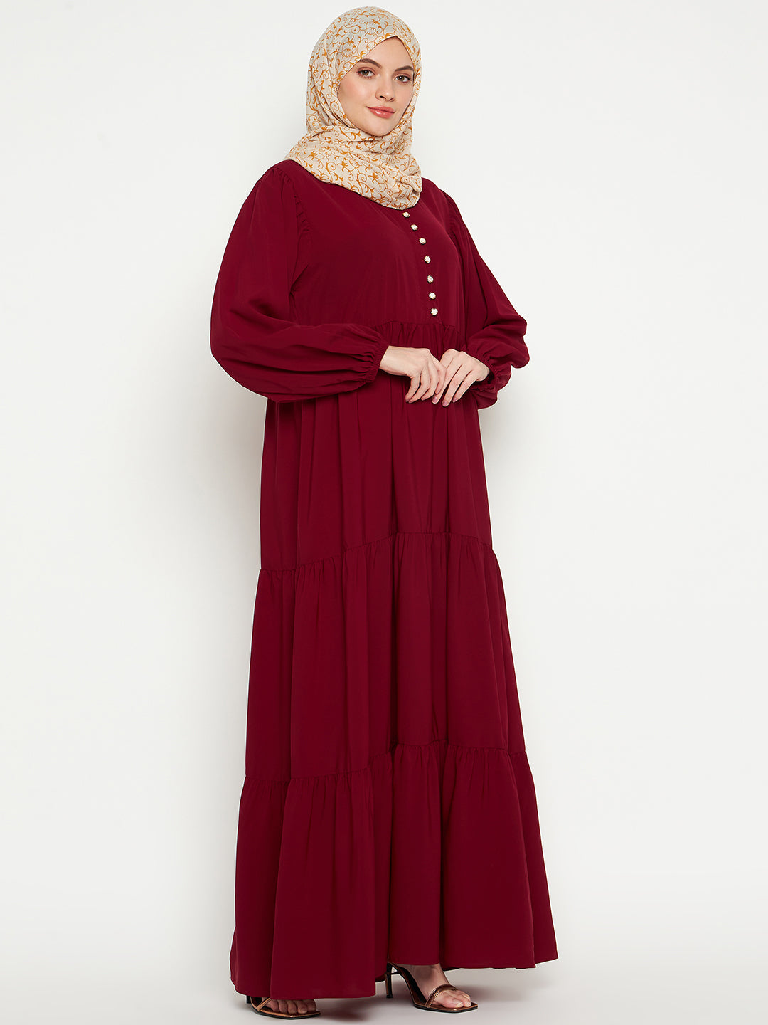 Nabia Women Maroon Frilled Abaya Burqa With Black Georgette Scarf