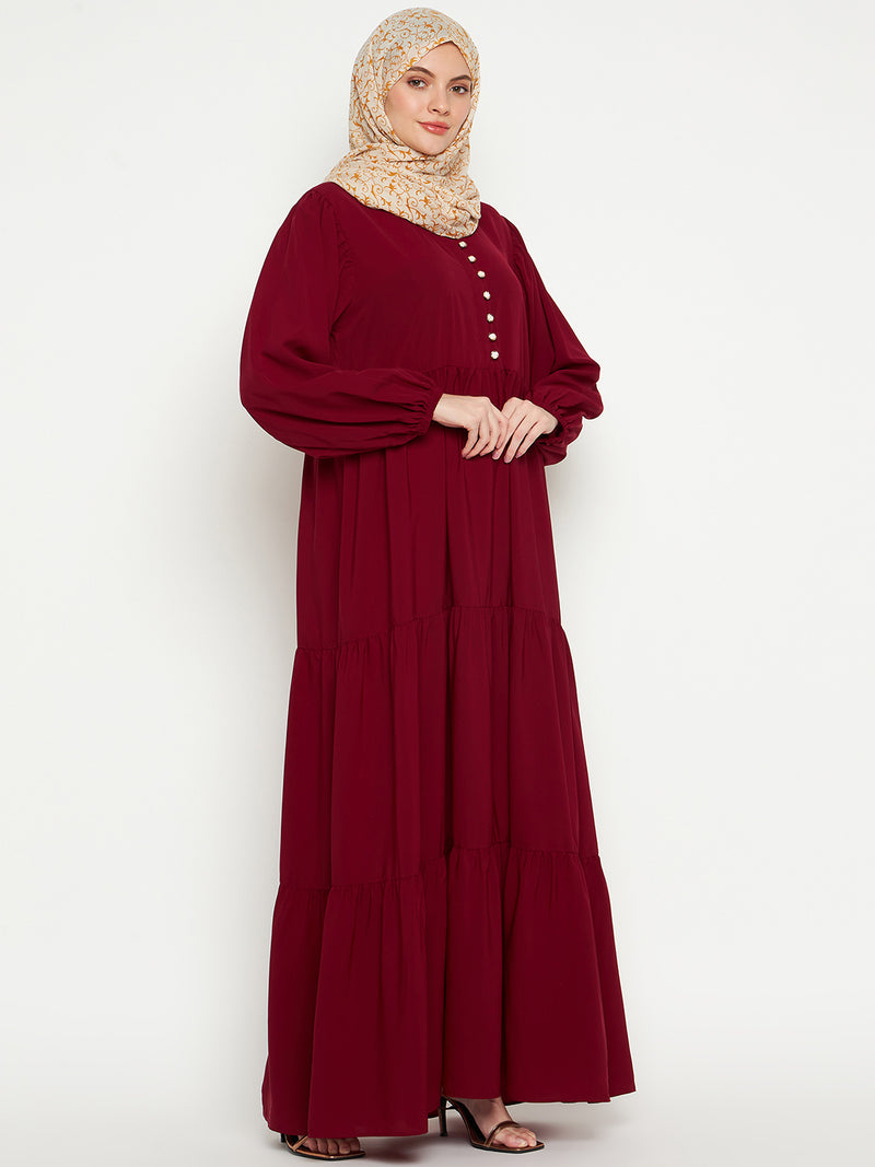 Nabia Women Maroon Solid Frilled Abaya Burqa With Black Georgette Scarf