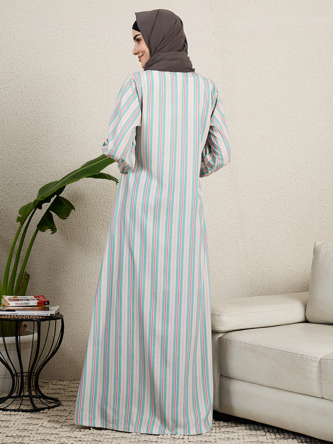 Front Open Printed Abaya Burqa with Black Georgette Scarf