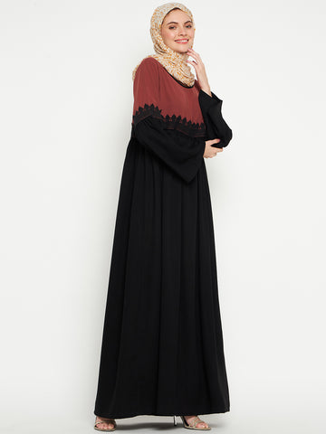 Nabia Women Black and Rust Solid Lace Abaya Burqa Black Georgette Scarf