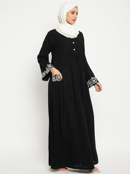 Nabia Embroidery Black Abaya with Black Scarf