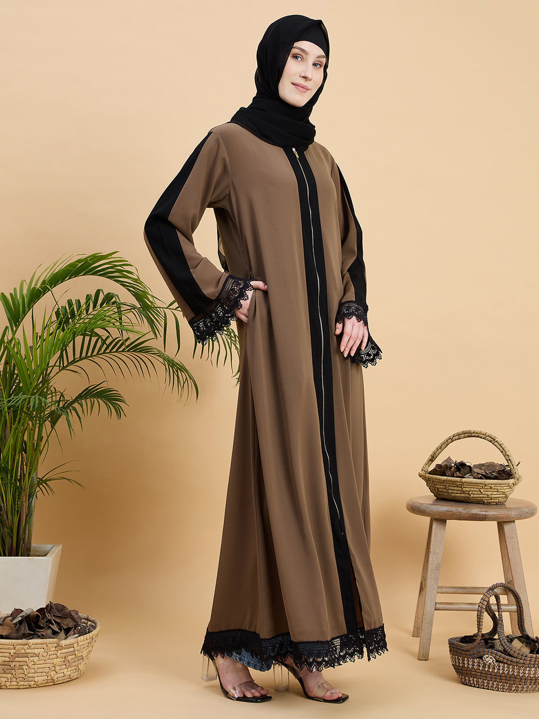 Front Open Zip Abaya Burqa with Black Georgette Hijab